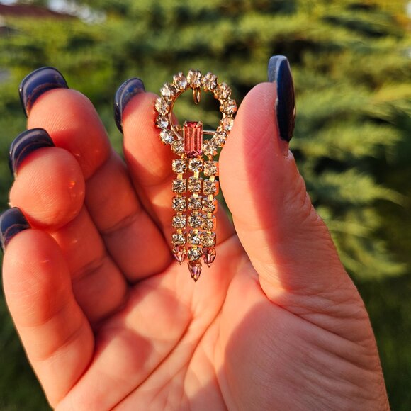 Vtg Marks & Spencer 12K Gold-Filled Rare Pink Rhinestone Brooch & Earrings Set - Picture 10 of 16